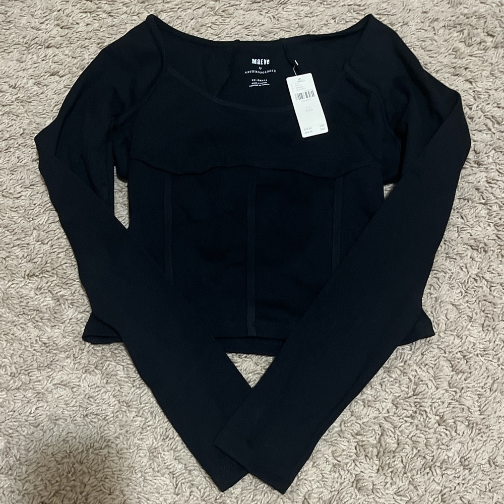 Anthropologie Black Long Sleeve Bodysuit Fitted Crop Bustier